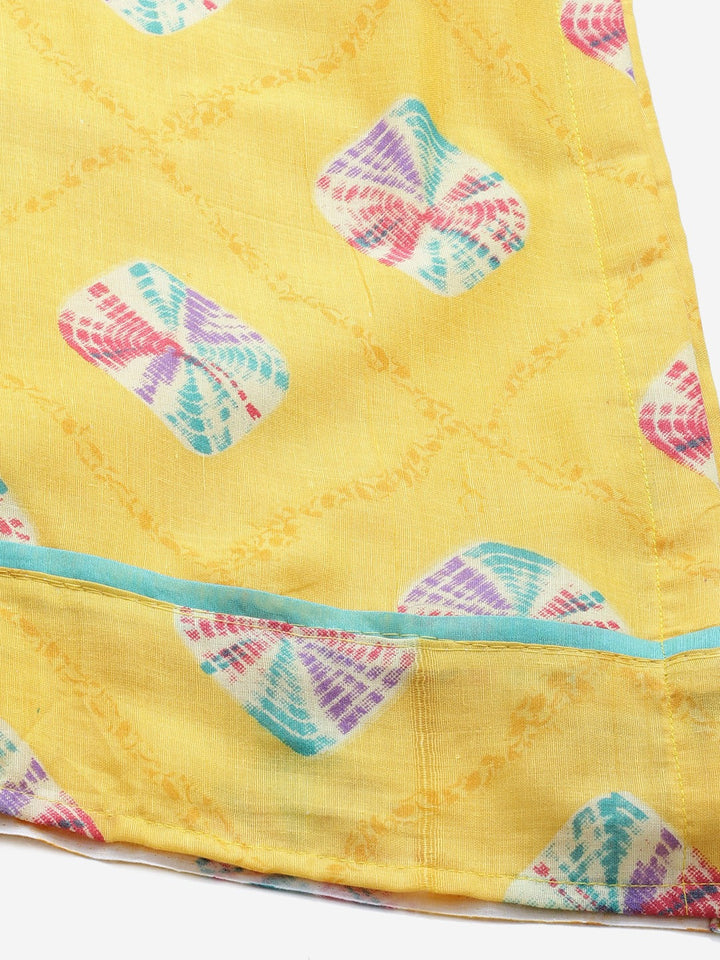 Yellow Cotton Stitched Resham Embroidery Suit with Batik Print & Styled Sleeves