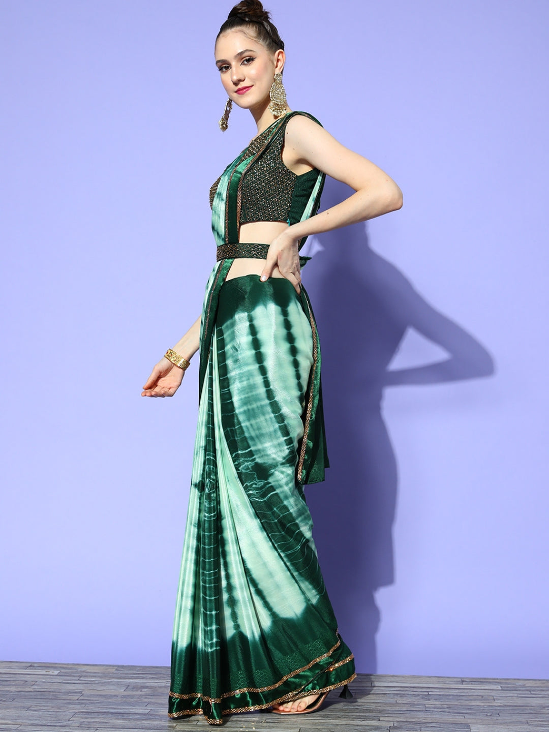 Tie & Die Draped Belted Chiffon Saree With Heavy Embellished Blouse