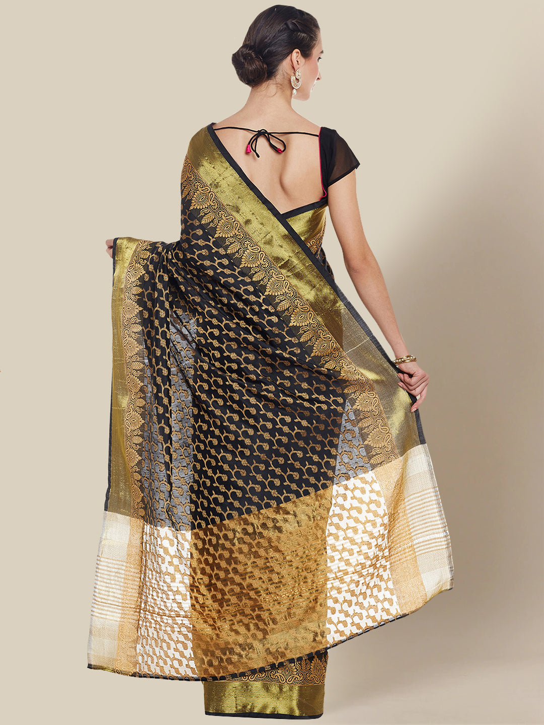 Black & Gold Banarasi Silk  Saree With Golden Zari Weaving and Ethnic Woven Border.