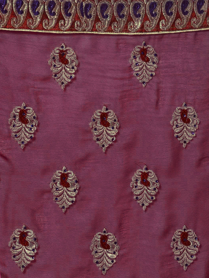 Burgundy Embroidered Georgette Party Wear Saree With Ethnic Ambi Motifs