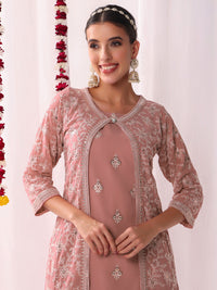 Chhabra 555 Resham Schiffli Embroidered Kurta Set with Sequinned Stylized Jacket and Flared Pallazo