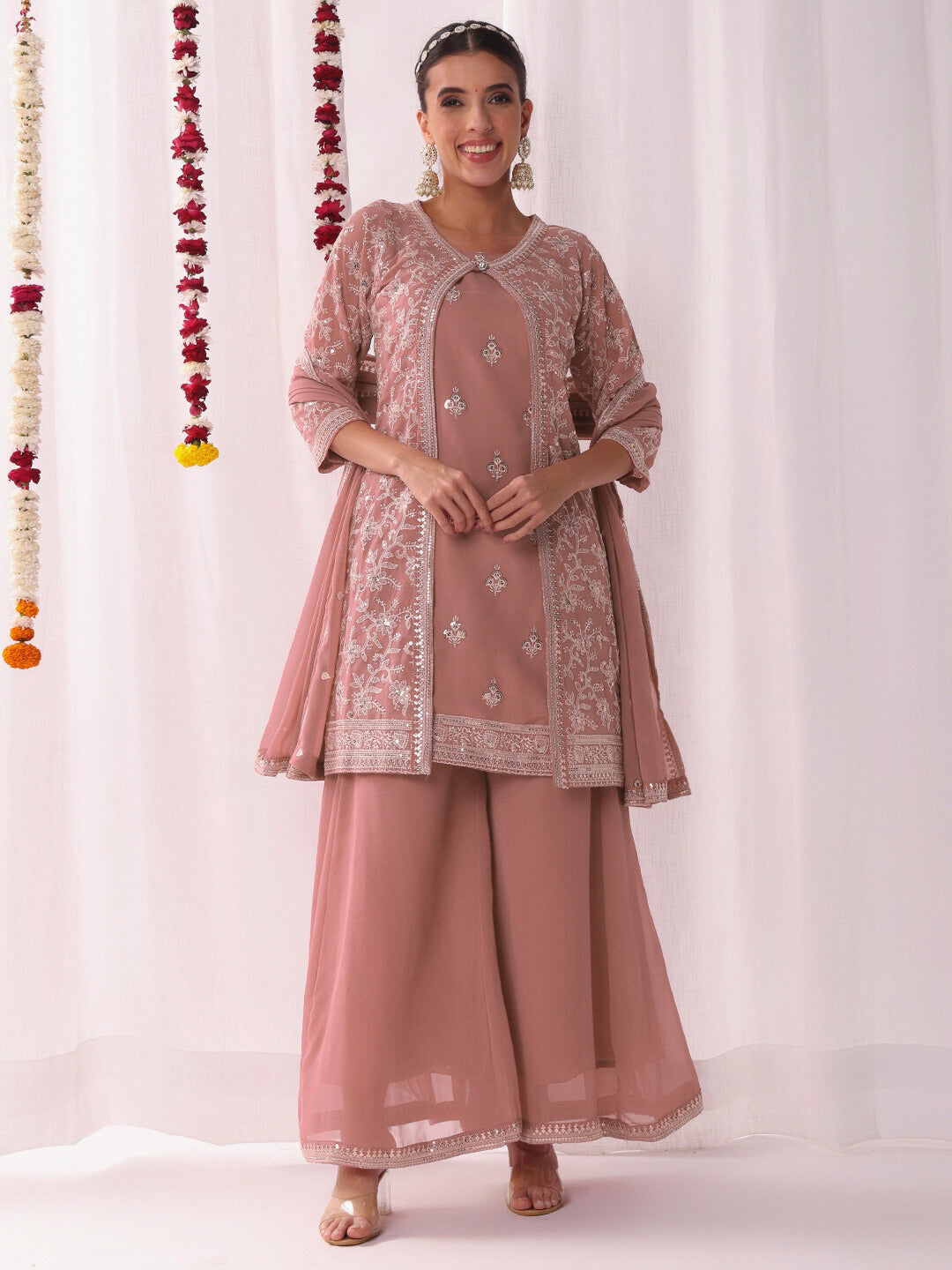 Resham Schiffli Embroidered Kurta Set with Sequinned Stylized Jacket and Flared Pallazo