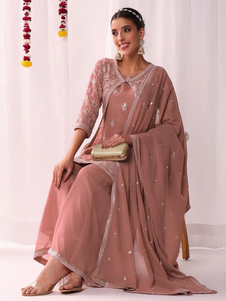 Resham Schiffli Embroidered Kurta Set with Sequinned Stylized Jacket and Flared Pallazo