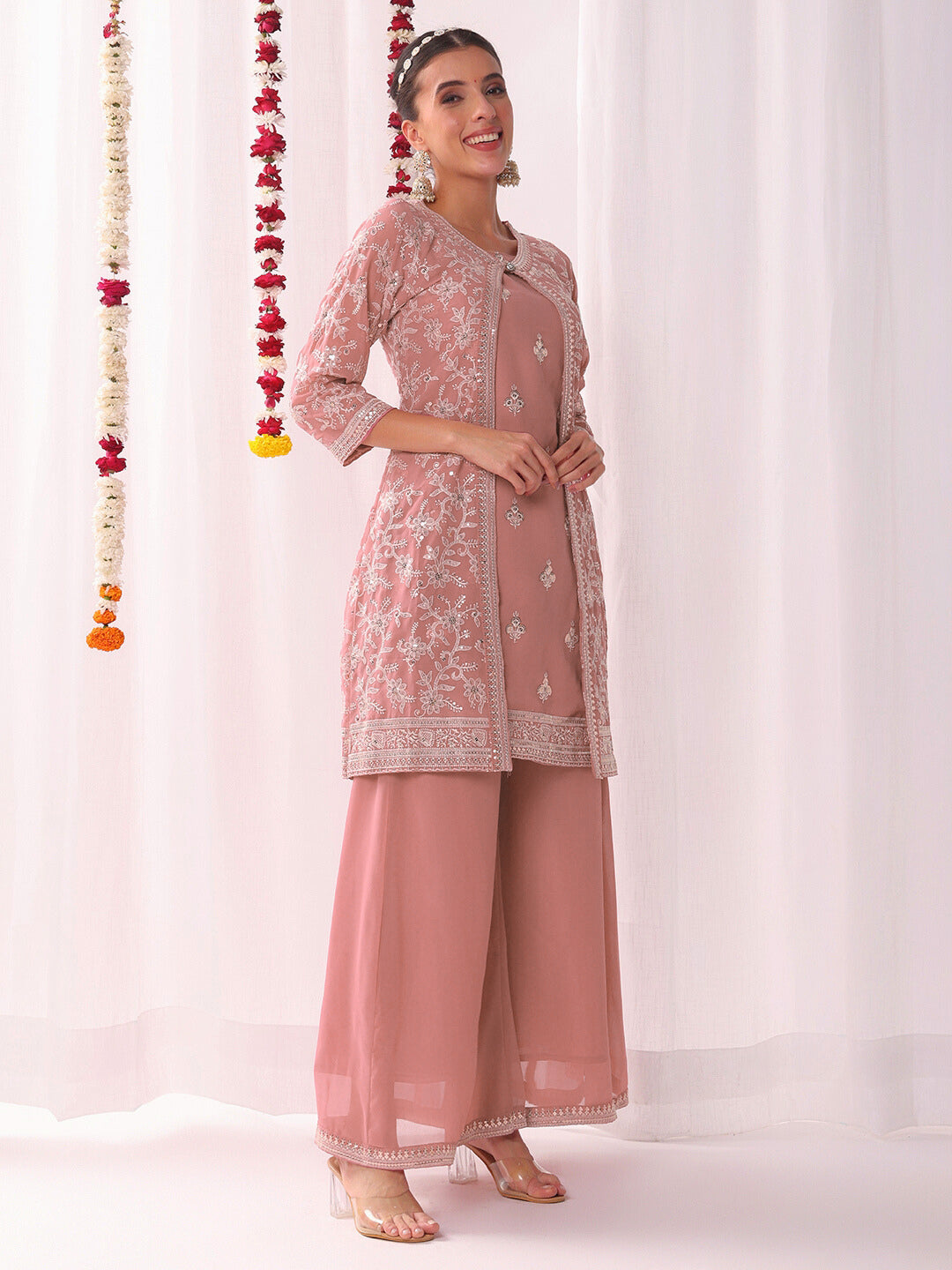 Resham Schiffli Embroidered Kurta Set with Sequinned Stylized Jacket and Flared Pallazo