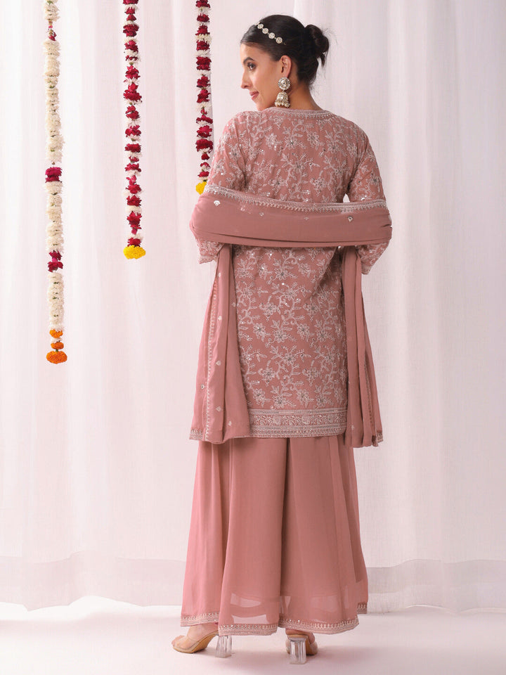 Resham Schiffli Embroidered Kurta Set with Sequinned Stylized Jacket and Flared Pallazo