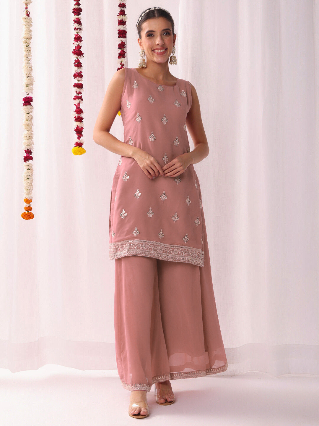 Resham Schiffli Embroidered Kurta Set with Sequinned Stylized Jacket and Flared Pallazo