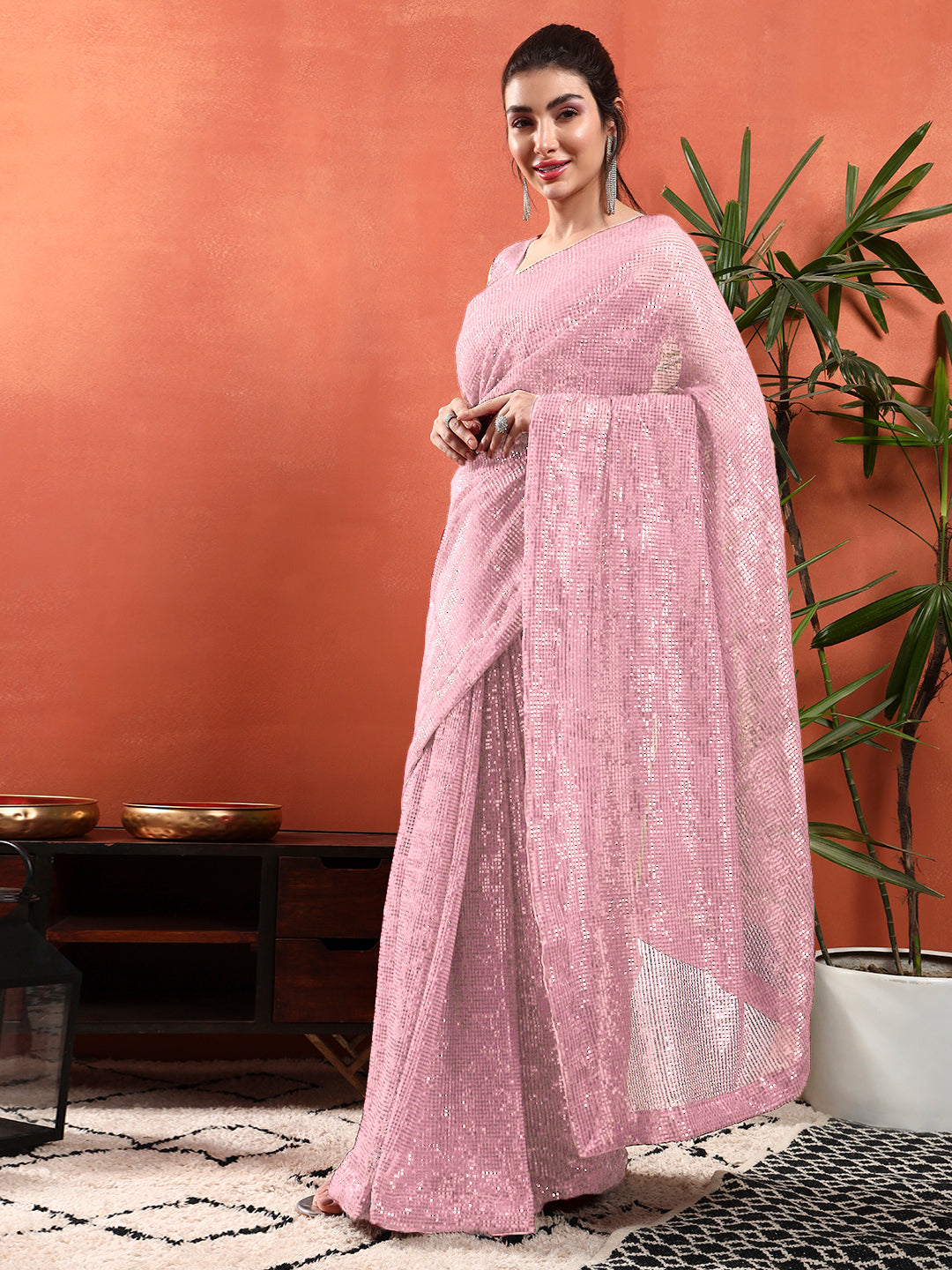 Cocktail Bling Flowy Embellished Saree with Allover Sequin Embroidery