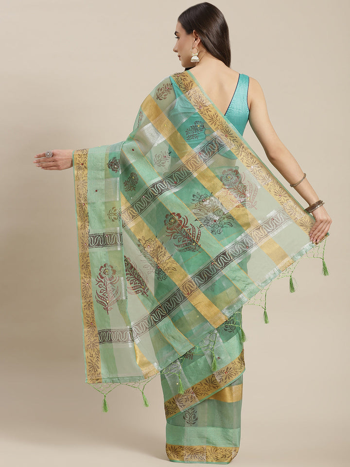 Sea Green Block Print Tissue Saree with Weaving & Mirror Embellishment