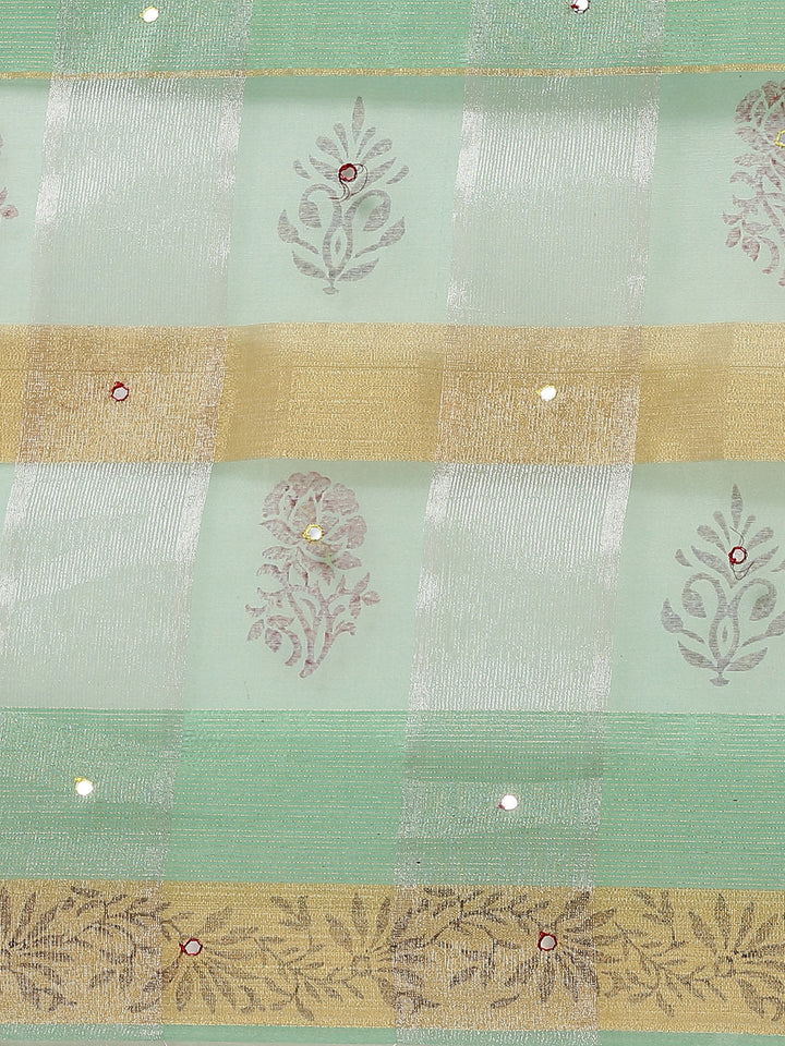 Sea Green Block Print Tissue Saree with Weaving & Mirror Embellishment