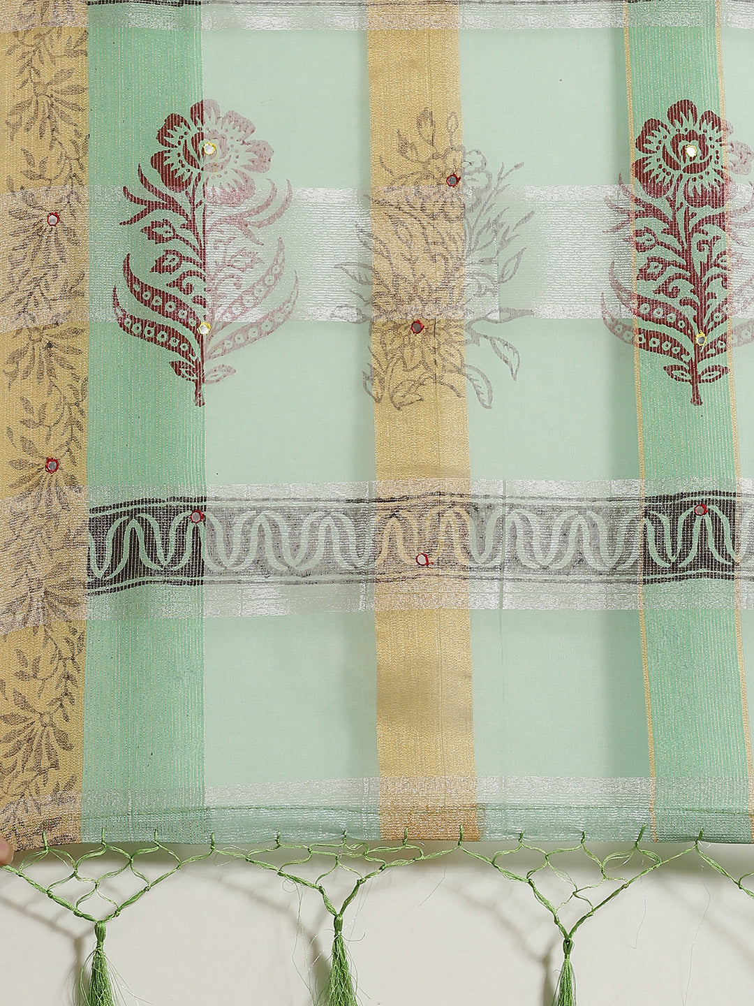 Sea Green Block Print Tissue Saree with Weaving & Mirror Embellishment