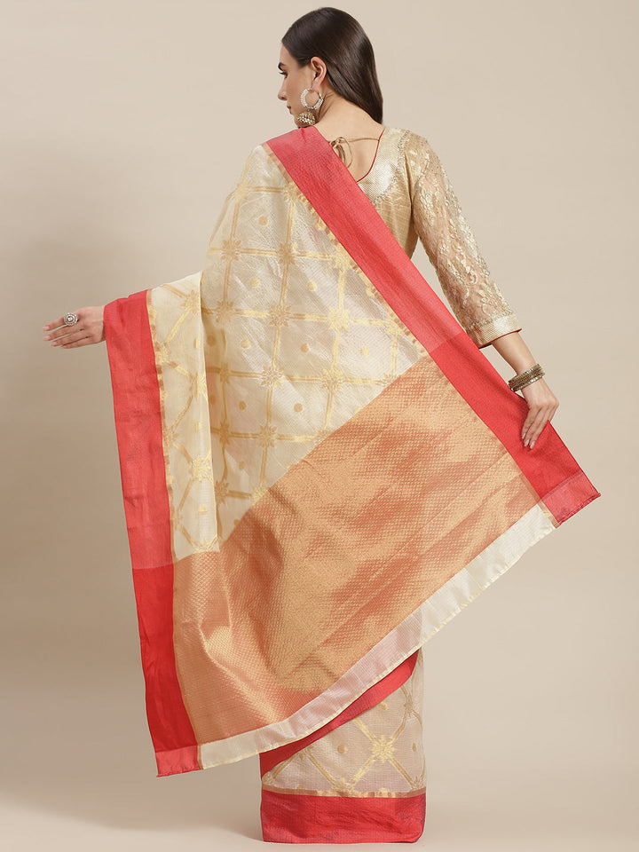 Gold Jamdani Chanderi Saree with Geometrical Zari weaving & Colorblocked border