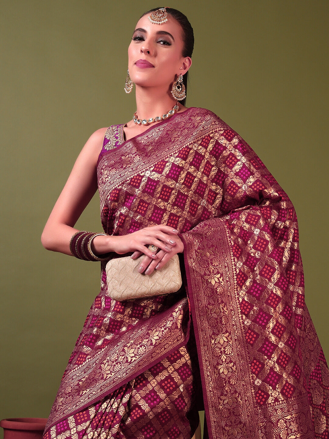 Banarasi Handloom Gharchola Saree with Golden Zari Meenakari Weaving & Jhalar Pallu