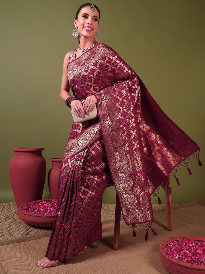 Banarasi Handloom Gharchola Saree with Golden Zari Meenakari Weaving & Jhalar Pallu