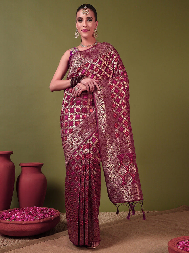 Banarasi Handloom Gharchola Saree with Golden Zari Meenakari Weaving & Jhalar Pallu