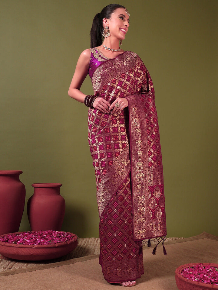 Banarasi Handloom Gharchola Saree with Golden Zari Meenakari Weaving & Jhalar Pallu
