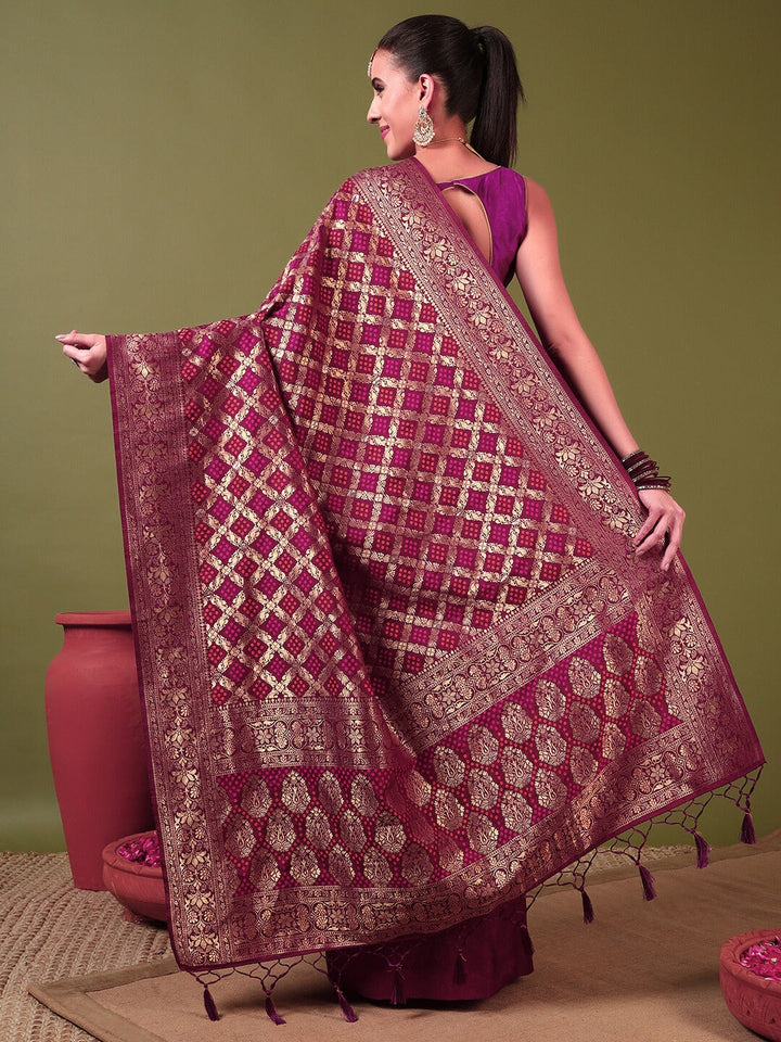 Banarasi Handloom Gharchola Saree with Golden Zari Meenakari Weaving & Jhalar Pallu