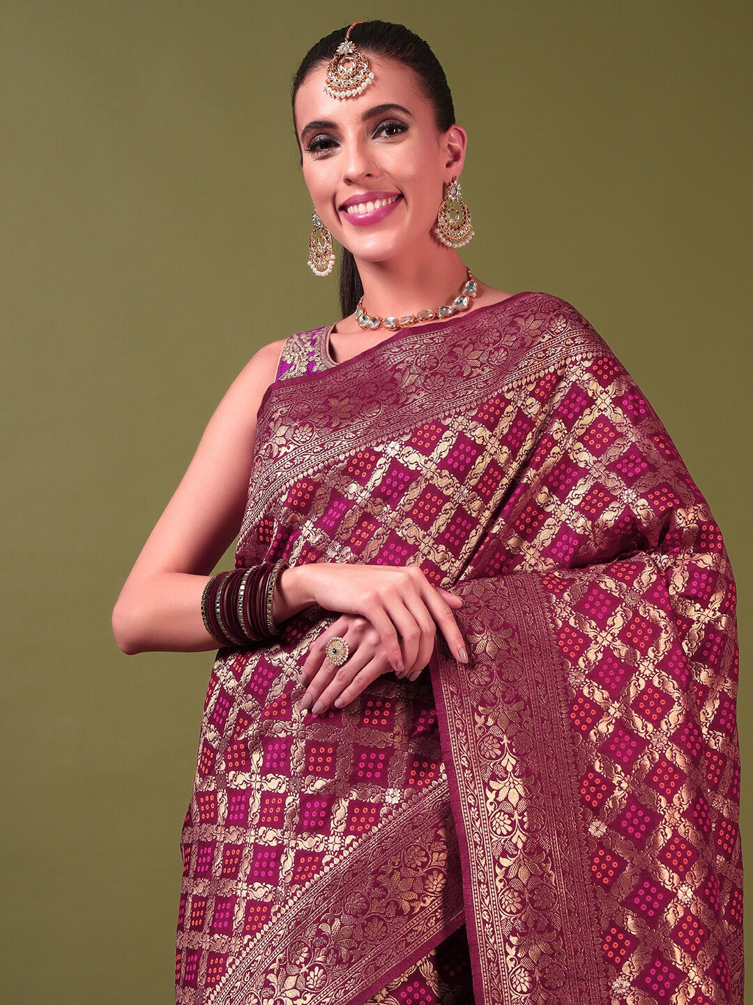 Banarasi Handloom Gharchola Saree with Golden Zari Meenakari Weaving & Jhalar Pallu