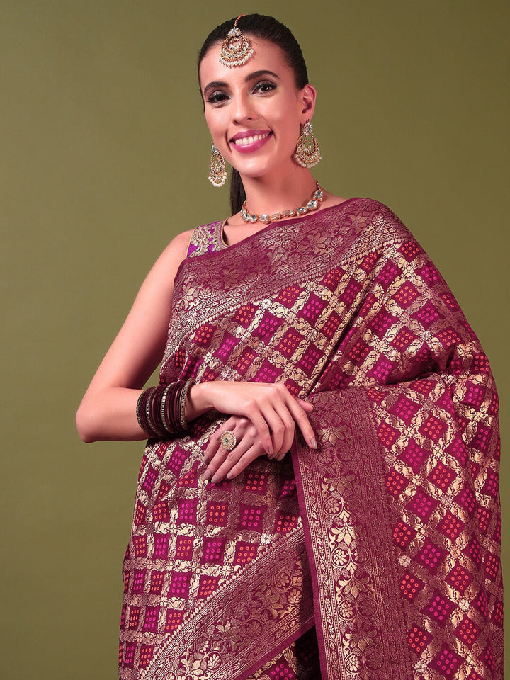 Banarasi Handloom Gharchola Saree with Golden Zari Meenakari Weaving & Jhalar Pallu