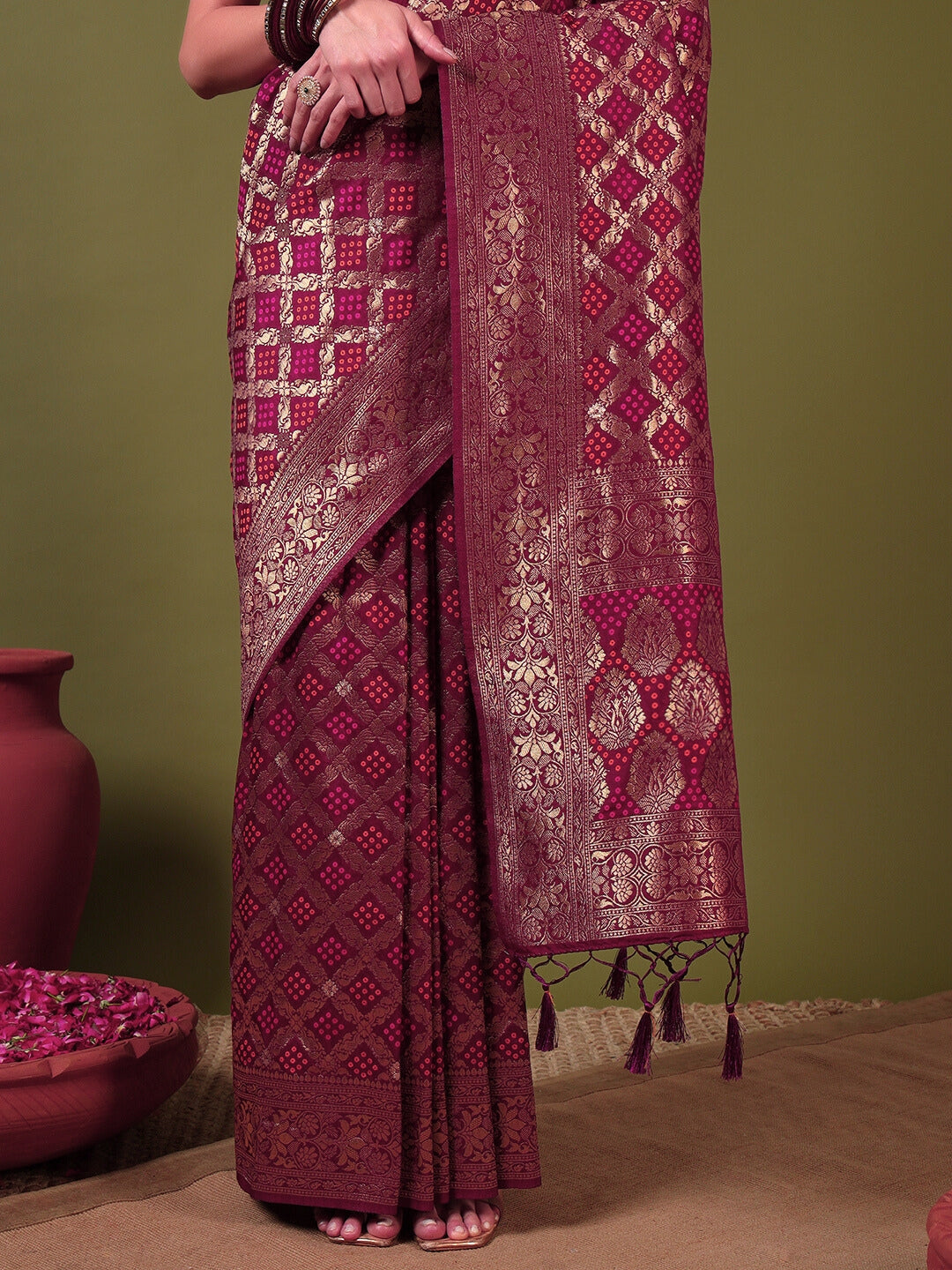 Banarasi Handloom Gharchola Saree with Golden Zari Meenakari Weaving & Jhalar Pallu