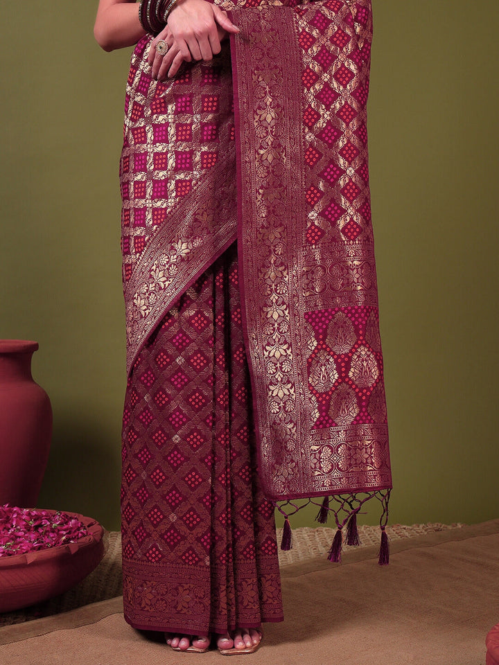 Banarasi Handloom Gharchola Saree with Golden Zari Meenakari Weaving & Jhalar Pallu