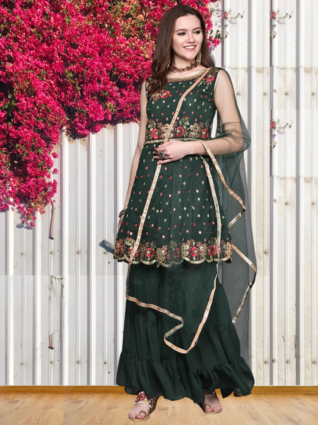Georgette Embroidered Scalloped Peplum Kurta Sharara Set & Net Dupatta