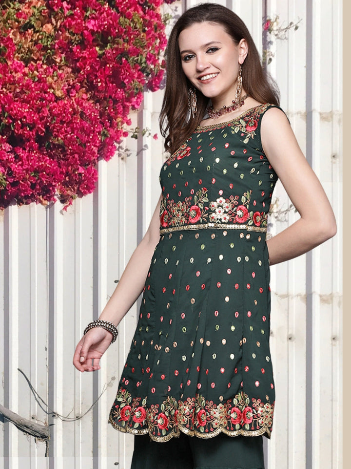 Georgette Embroidered Scalloped Peplum Kurta Sharara Set & Net Dupatta