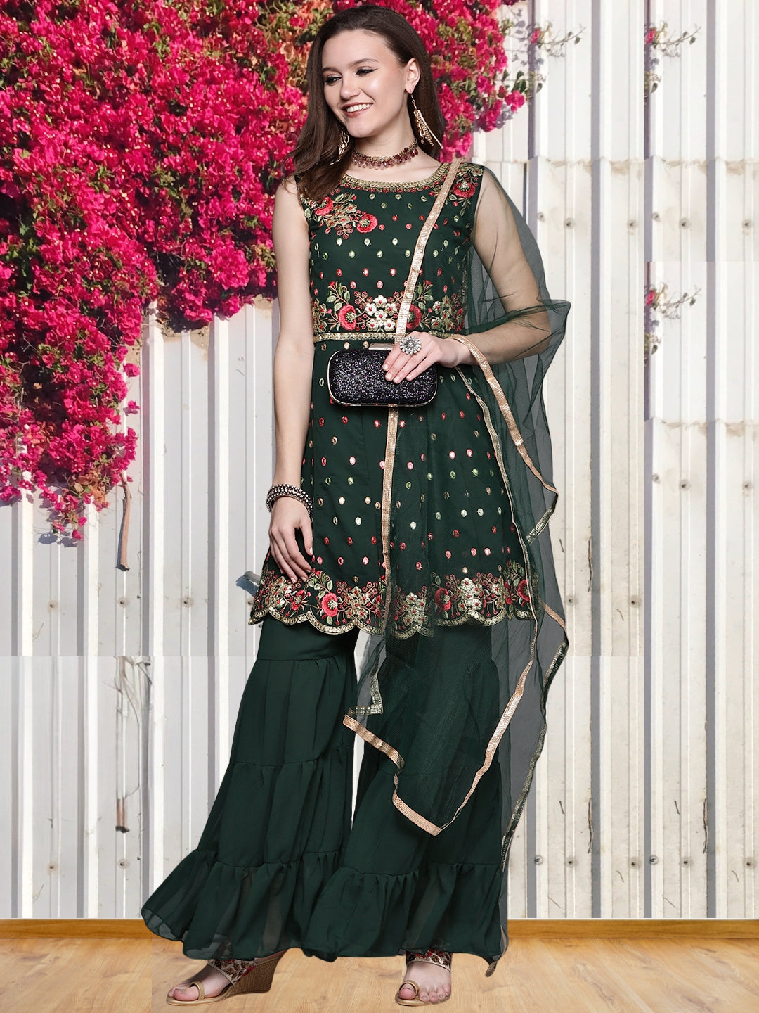 Georgette Embroidered Scalloped Peplum Kurta Sharara Set & Net Dupatta