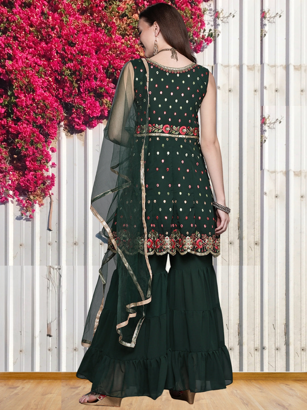 Georgette Embroidered Scalloped Peplum Kurta Sharara Set & Net Dupatta