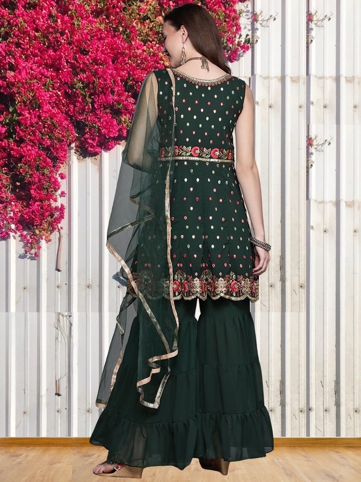 Georgette Embroidered Scalloped Peplum Kurta Sharara Set & Net Dupatta