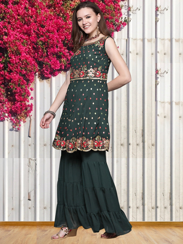 Georgette Embroidered Scalloped Peplum Kurta Sharara Set & Net Dupatta