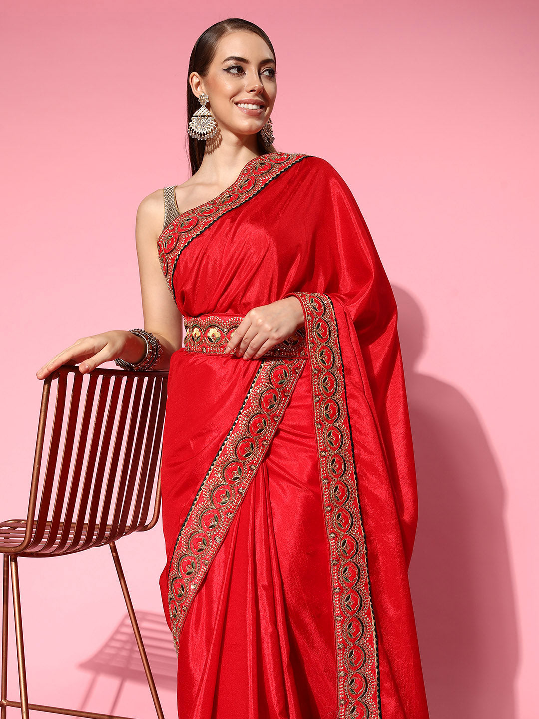 Red Bhagalpuri Silk Belted Saree With Sequin Embellished Border