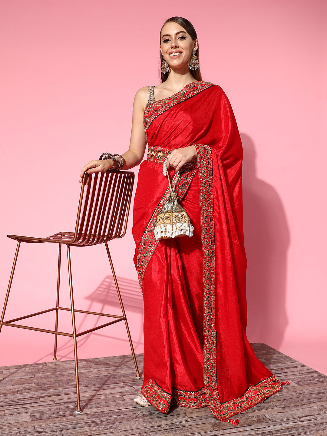 Red Bhagalpuri Silk Belted Saree With Sequin Embellished Border