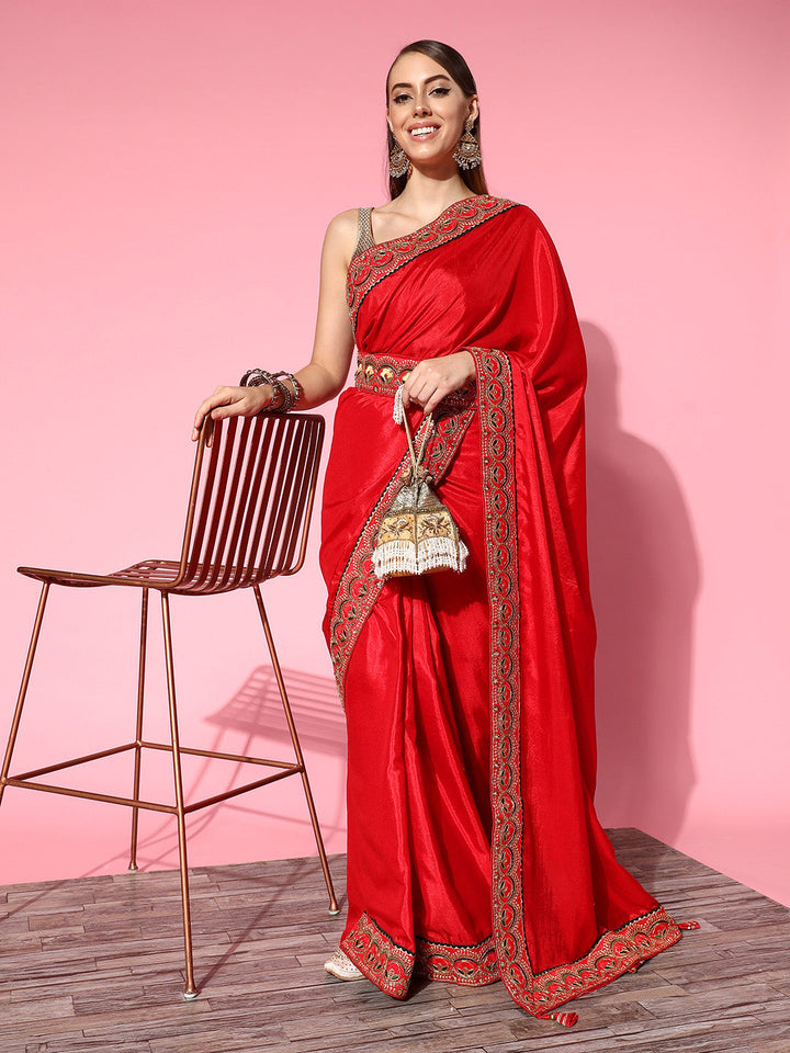 Red Bhagalpuri Silk Belted Saree With Sequin Embellished Border