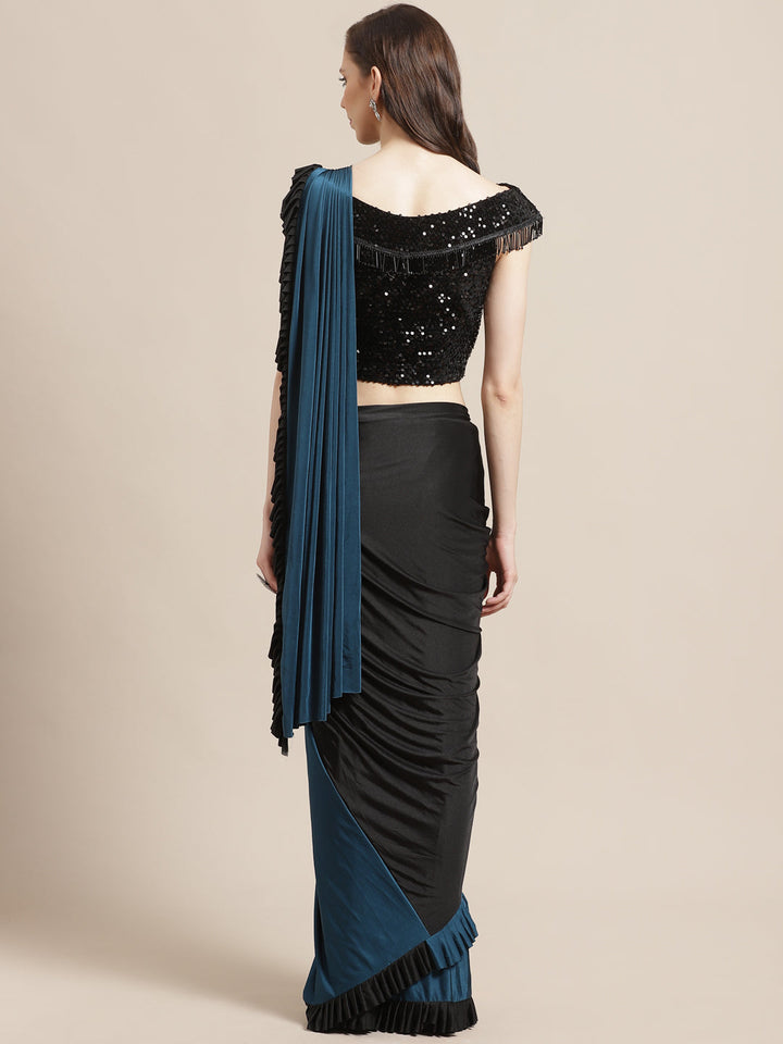 Ruffled Pre-stitched Saree with Festive Layering & Bling Embroidery Off Shoulder Blouse