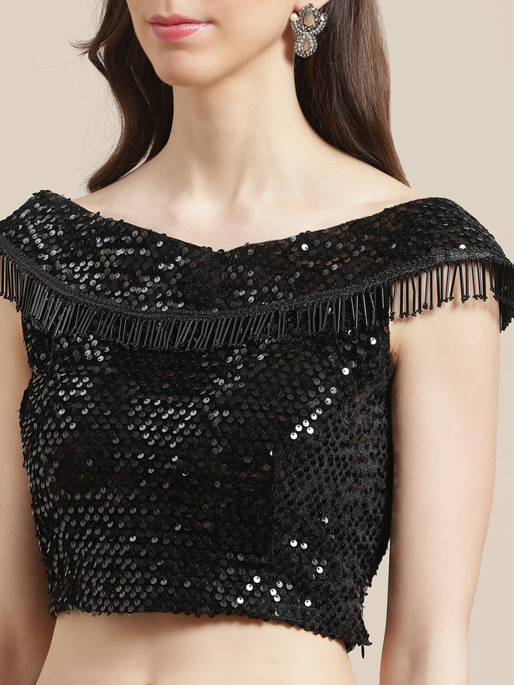 Ruffled Pre-stitched Saree with Festive Layering & Bling Embroidery Off Shoulder Blouse