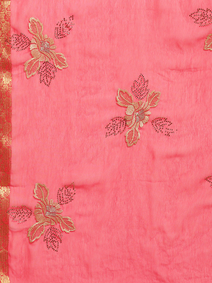 Chiffon Resham Embroidered Saree with Zari Border