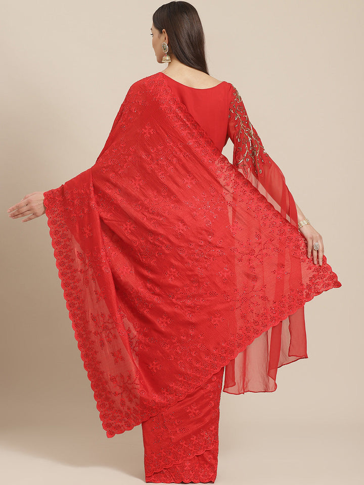Red Raw Silk Scalloped Cocktail Saree with Resham Embroidery and Bright Crystals