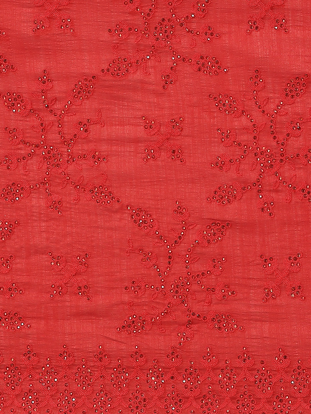 Red Raw Silk Scalloped Cocktail Saree with Resham Embroidery and Bright Crystals
