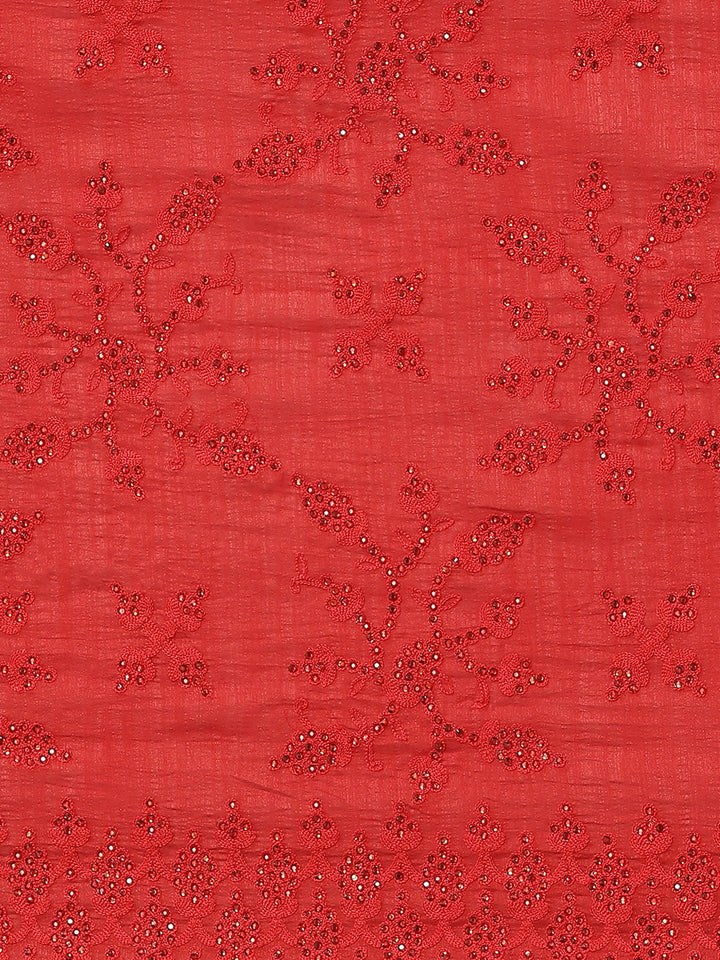 Red Raw Silk Scalloped Cocktail Saree with Resham Embroidery and Bright Crystals