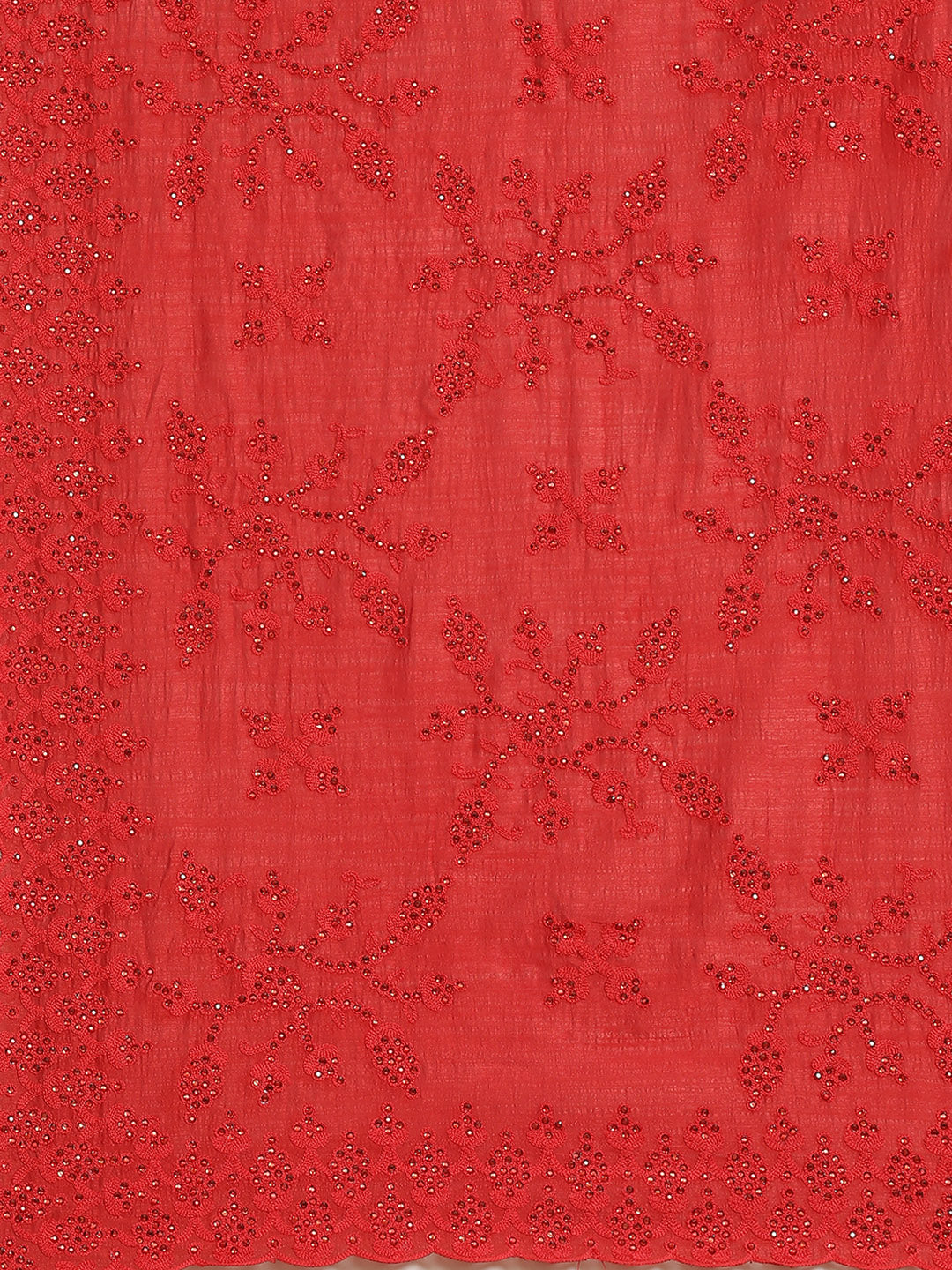 Red Raw Silk Scalloped Cocktail Saree with Resham Embroidery and Bright Crystals