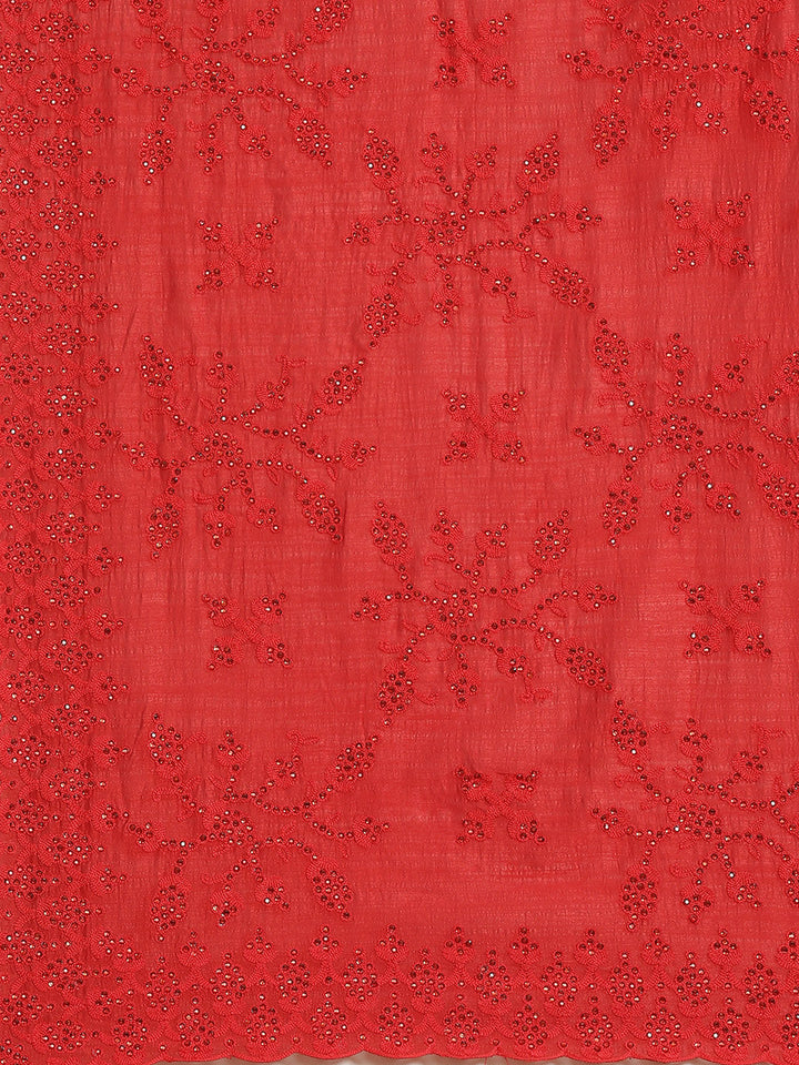 Red Raw Silk Scalloped Cocktail Saree with Resham Embroidery and Bright Crystals