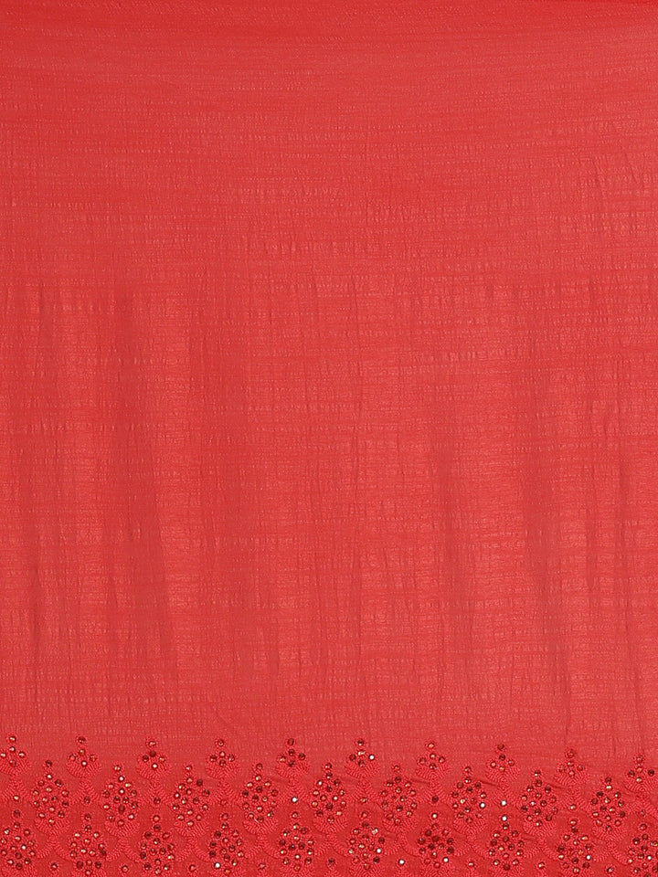 Red Raw Silk Scalloped Cocktail Saree with Resham Embroidery and Bright Crystals