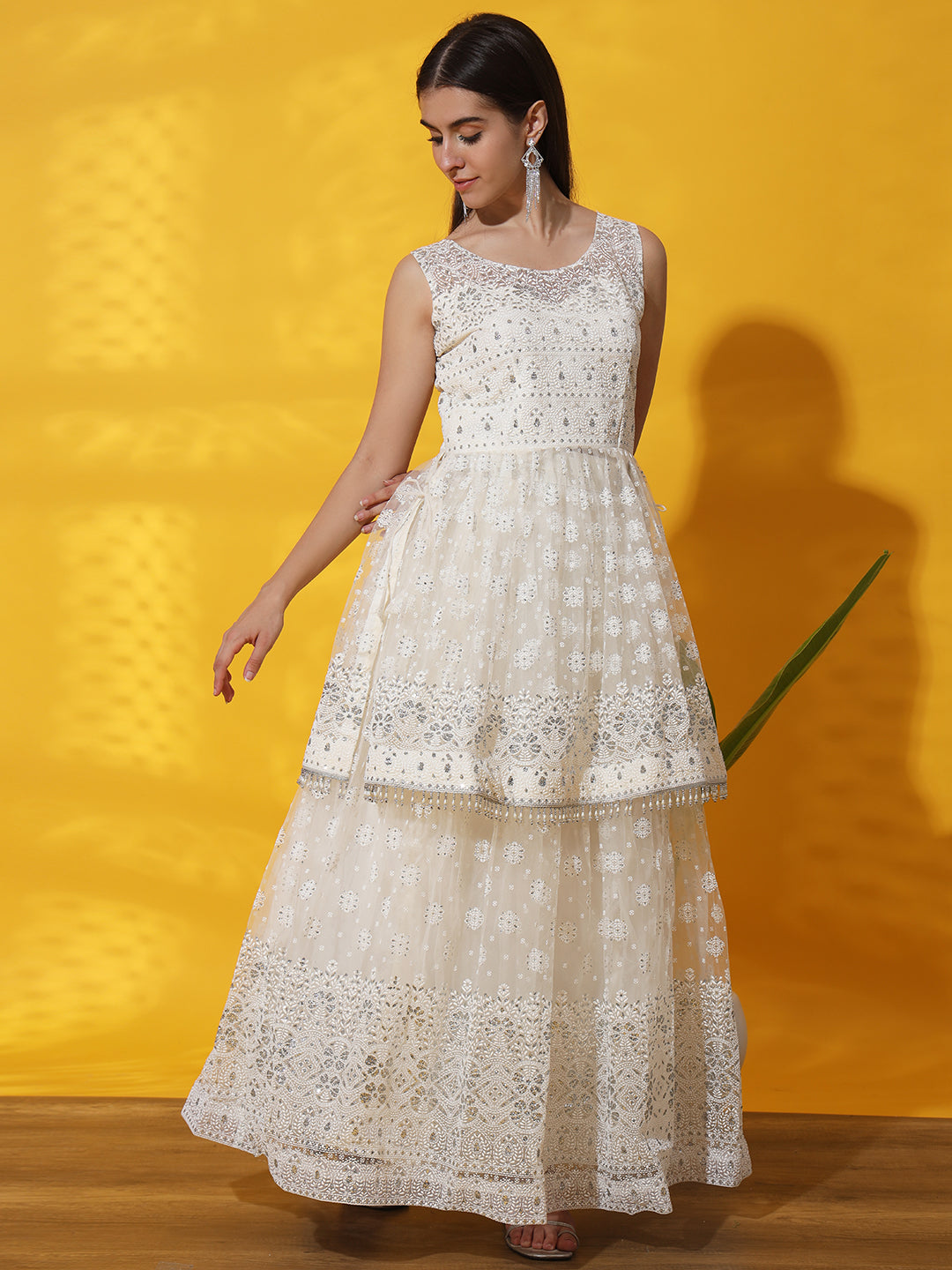 White Tassled Peplum Kurta Gharara Set with Chikankari Embroidery