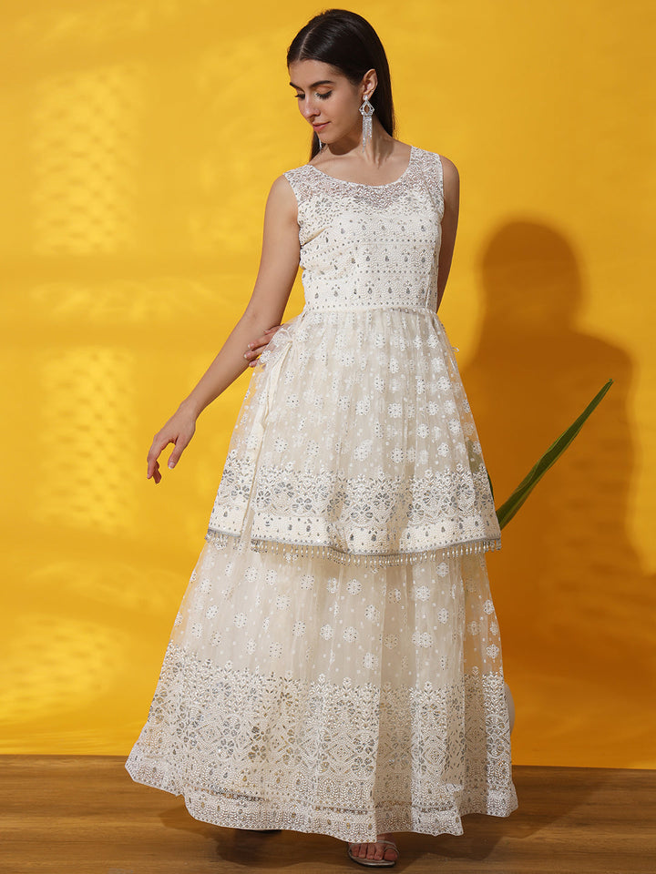 White Tassled Peplum Kurta Gharara Set with Chikankari Embroidery