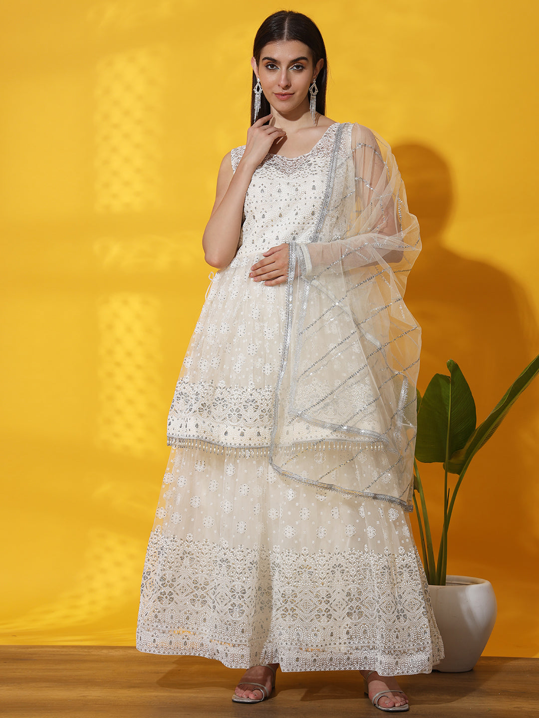 White Tassled Peplum Kurta Gharara Set with Chikankari Embroidery