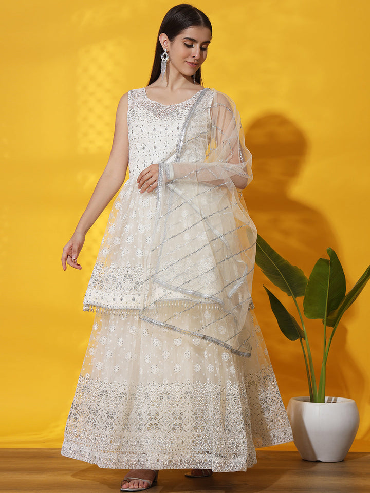 White Tassled Peplum Kurta Gharara Set with Chikankari Embroidery