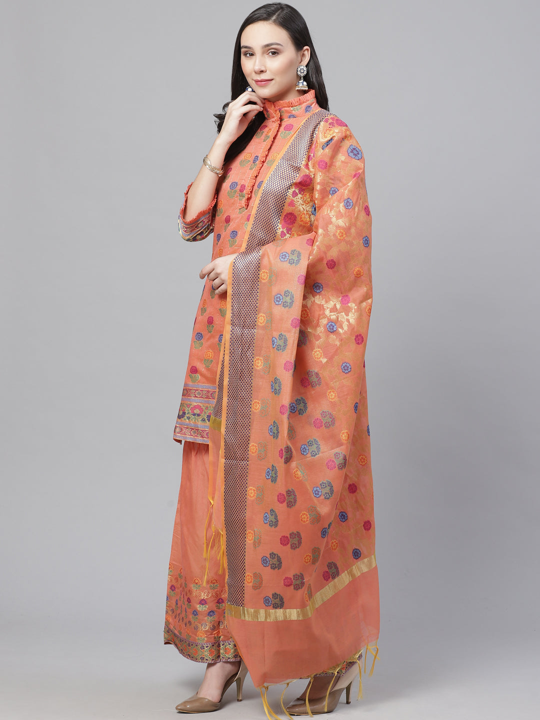 Handloom Chanderi Stitched Suit with Woven Dupatta & Tassels