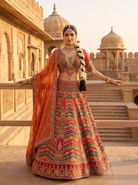 Multicolor Chevron Embroidered Lehenga Choli Set with Orange Dupatta