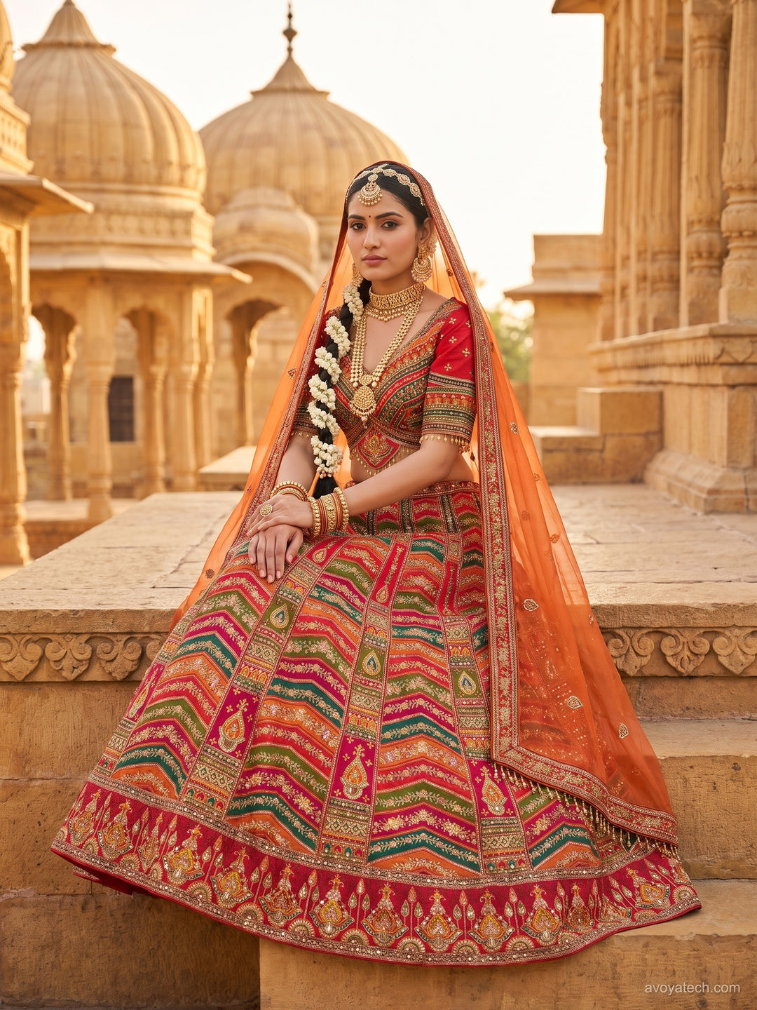 Multicolor Chevron Embroidered Lehenga Choli Set with Orange Dupatta