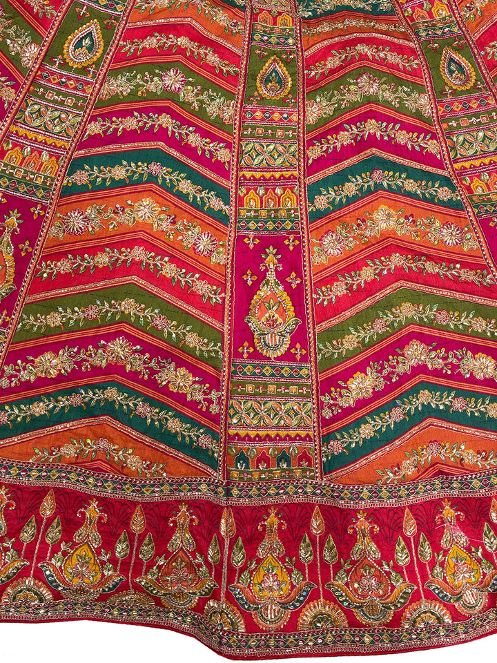 Multicolor Chevron Embroidered Lehenga Choli Set with Orange Dupatta